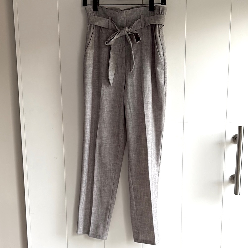Gray High-Waisted Tie-Belt Trousers Size 10